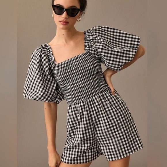 Anthropologie Pants - Anthropologie x Self Contrast Puff Sleeve Gingham Black White Smocked Romper XS